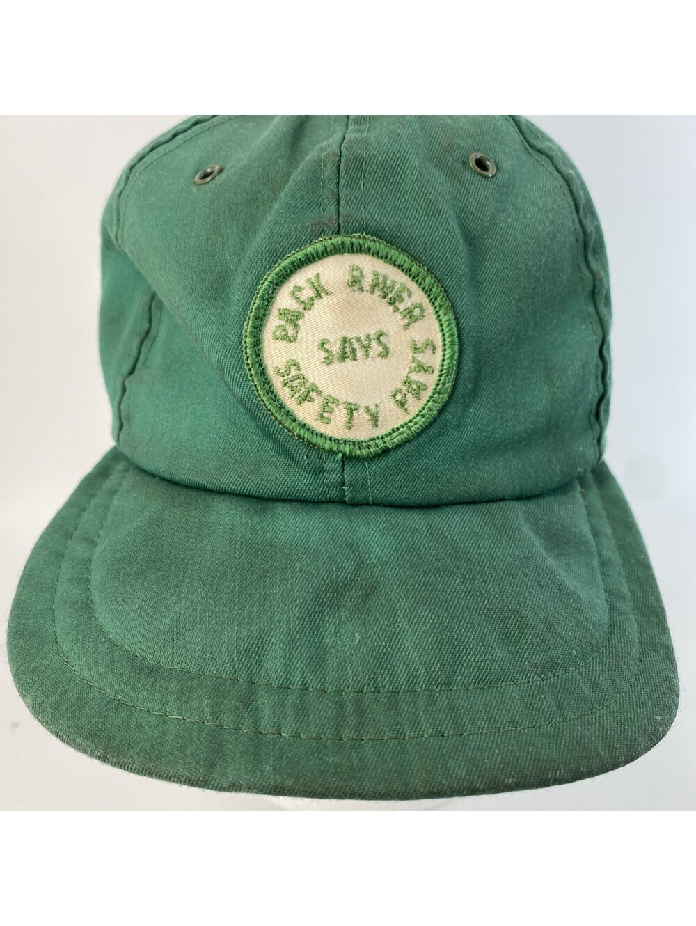 VTG 70s Green Canvas Workwear Trucker Hat "Pack River Says Safety Pays" Patch